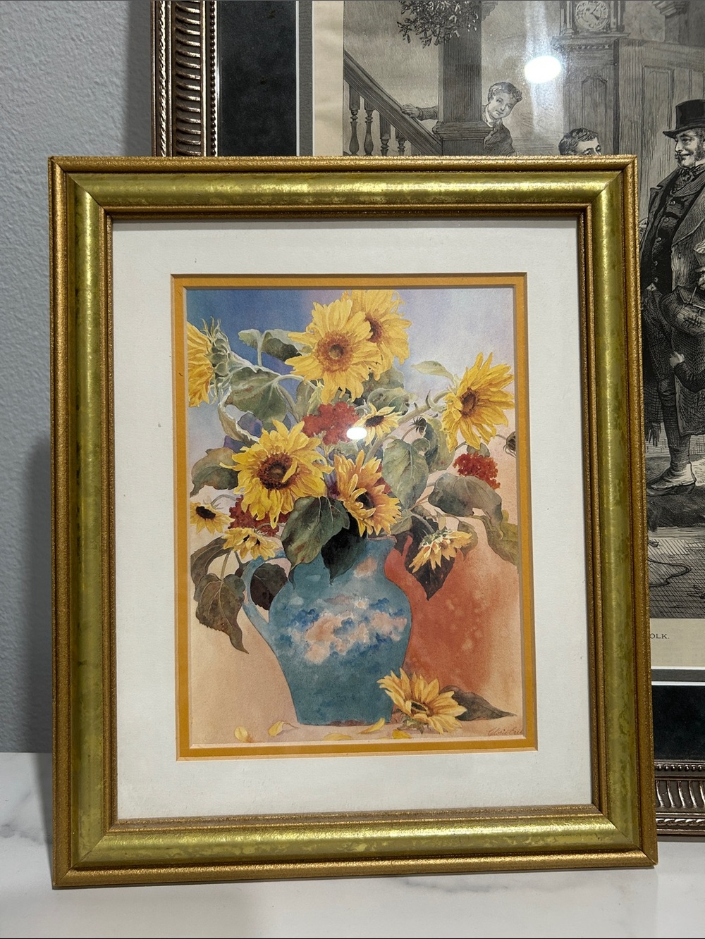 Sunflowers in Blue Vase Framed Art Print - Gold Frame 1990-2000
